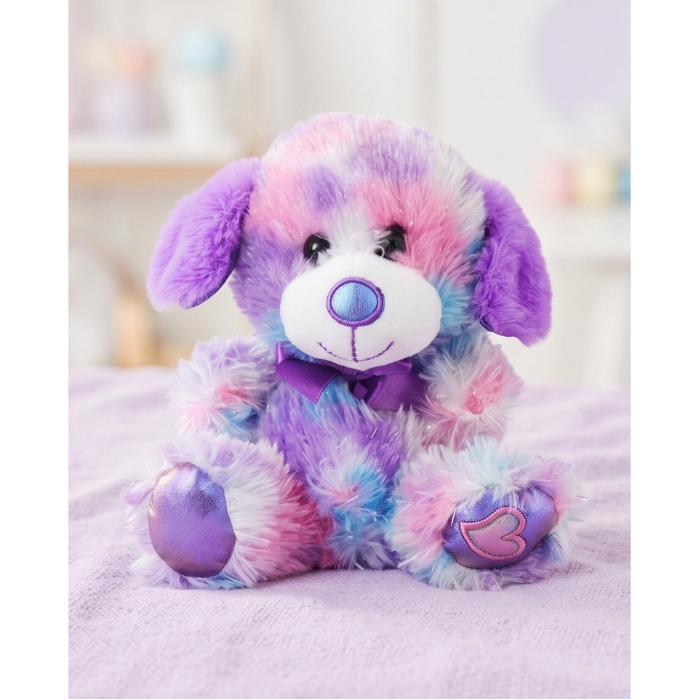 Plush Puppy Dog‎ Stuffed Animal Purple Pink White Blue Heart Accent Toy 7"